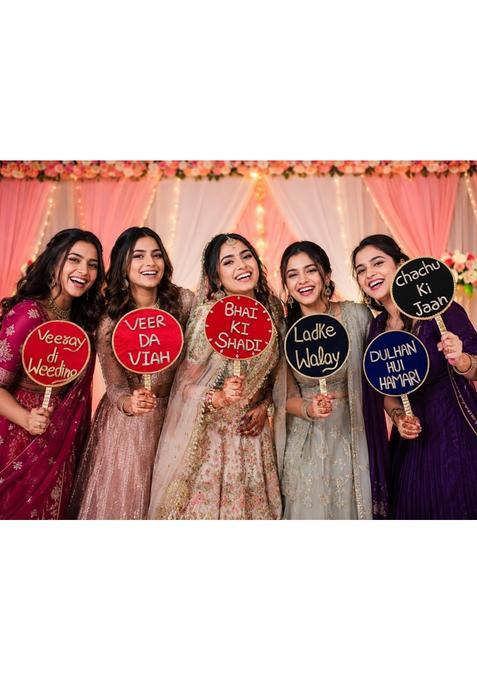 Pink Shree Adodhya Indian Wedding Photo Booth Props Velvet Handheld Signs with Gota Work for Bride Pack of 6
