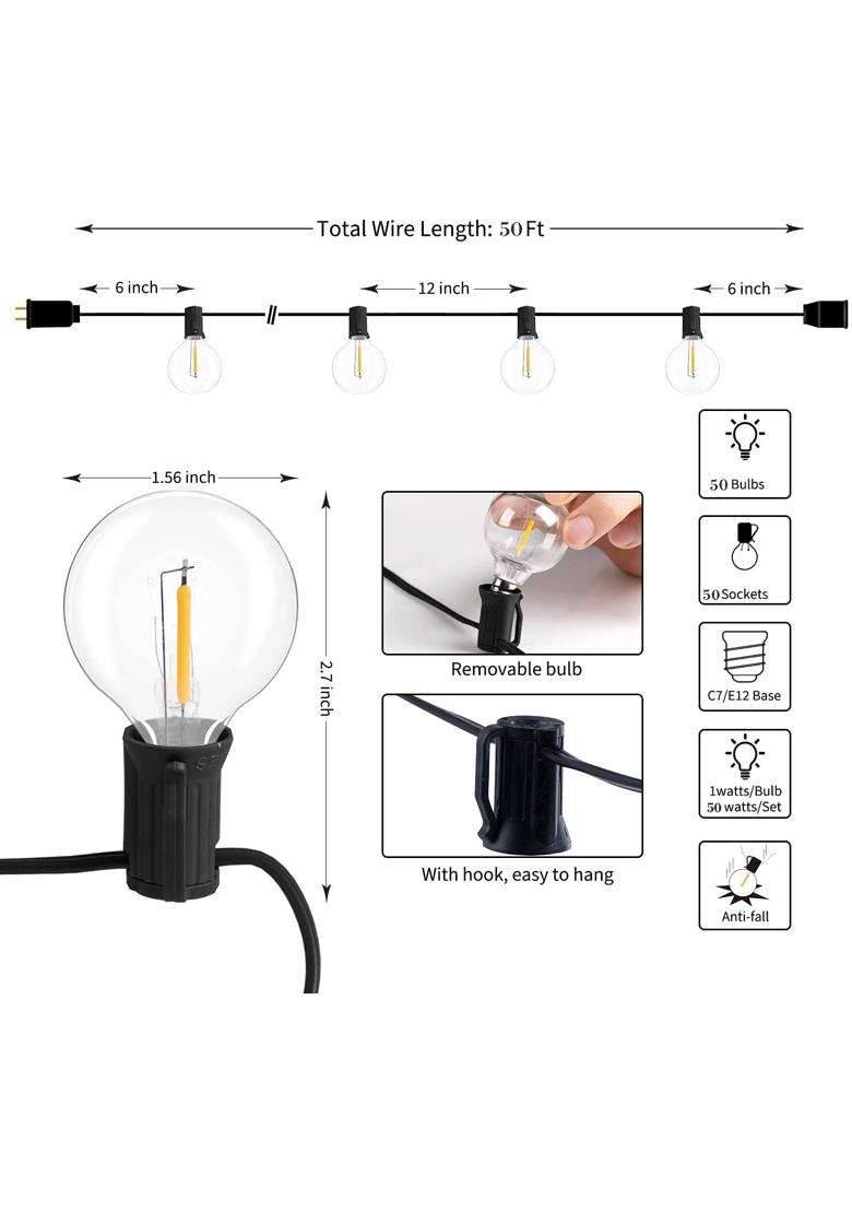 Xergy Outdoor String Lights 50 Feet G40 Globe LED Lights with 52 Edison LED Break Proof Bulbs Plus 2 Extra - Indya
