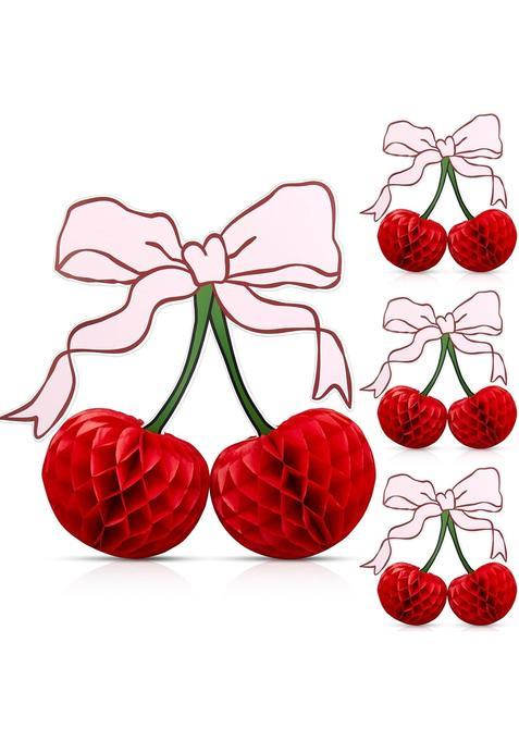 Weekgrat 4 Pcs 3D Cherry Bow Honeycomb Birthday Party Decorations 12 Inch Large Cherry Centerpiece Table