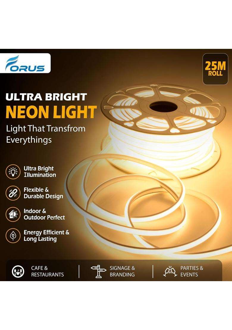 Forus 25 Meter LED Neon Strip Light 10MM Warm White Waterproof Flexible 25M COB Neon Rope Light - Indya