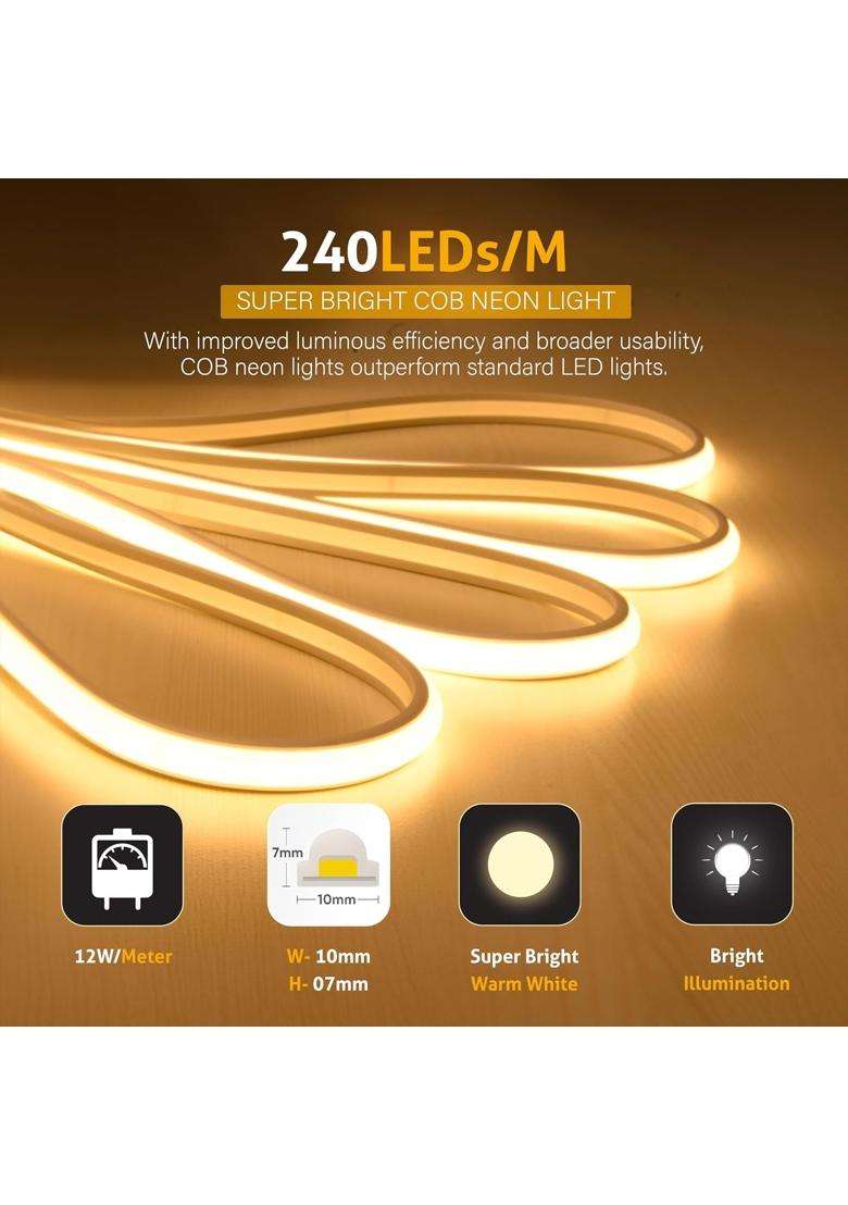 Forus 25 Meter LED Neon Strip Light 10MM Warm White Waterproof Flexible 25M COB Neon Rope Light - Indya