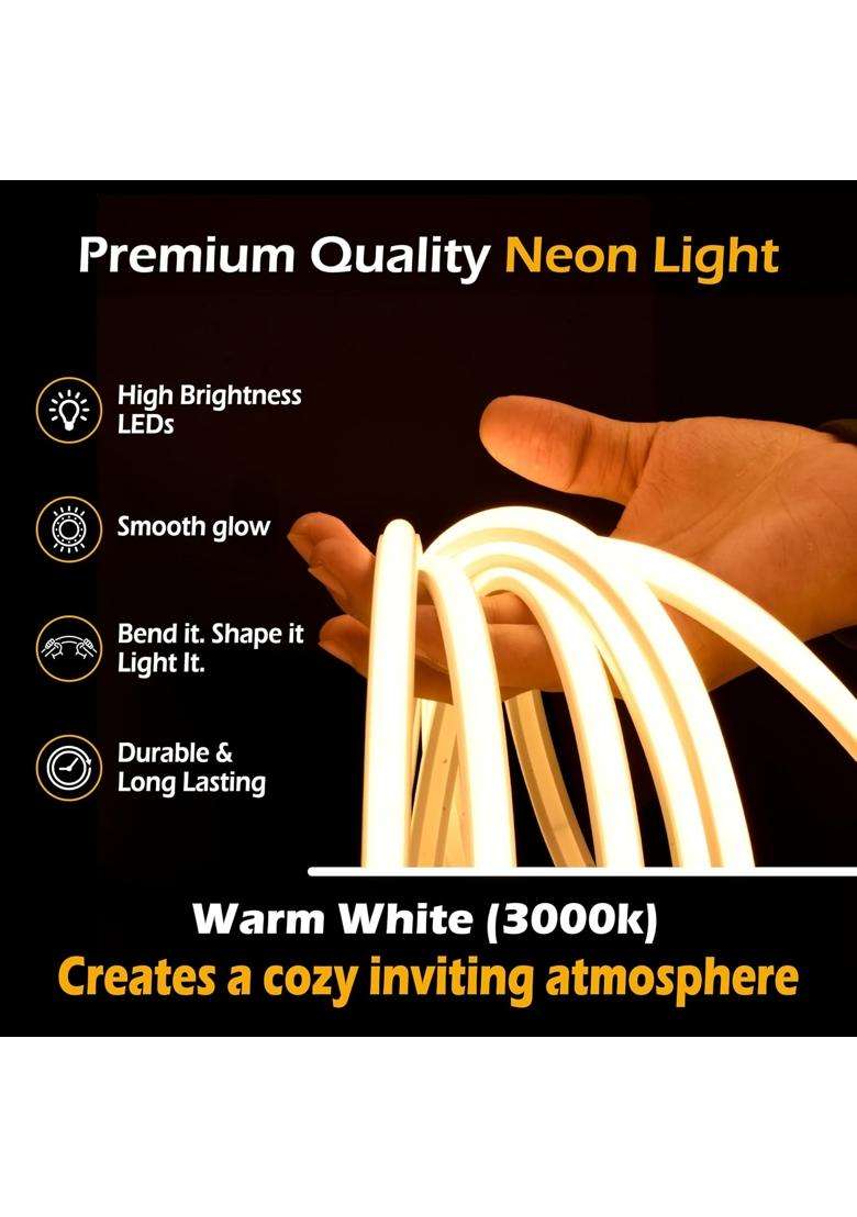 Forus 25 Meter LED Neon Strip Light 10MM Warm White Waterproof Flexible 25M COB Neon Rope Light - Indya