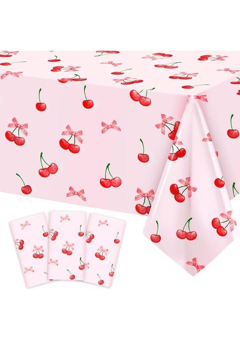 Caisehabu 3Pcs Cherry Birthday Decorations Tablecloths Large Size Cherry and Bows Birthday Decorations Table
