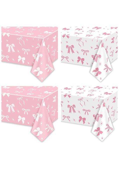 Apuxxjupa 4 Pcs Pink Bow Birthday Decorations 51 X 86 White and Pink Bows Table Cloth for Girls Birthday