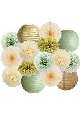 Fetetijd Sage Green Party Decorations Paper Lanterns Decorative Cream Tissue Paper Pom Poms Sage Green Gold