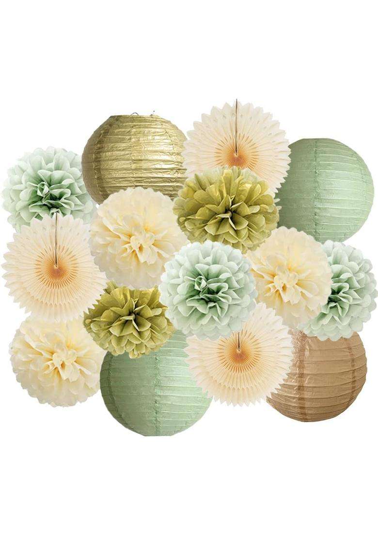 Fetetijd Sage Green Party Decorations Paper Lanterns Decorative Cream Tissue Paper Pom Poms Sage Green Gold - Indya