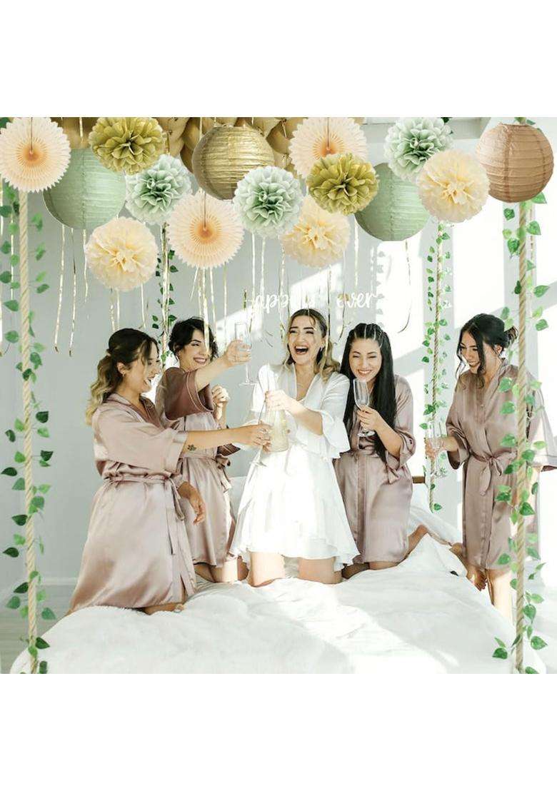 Fetetijd Sage Green Party Decorations Paper Lanterns Decorative Cream Tissue Paper Pom Poms Sage Green Gold - Indya
