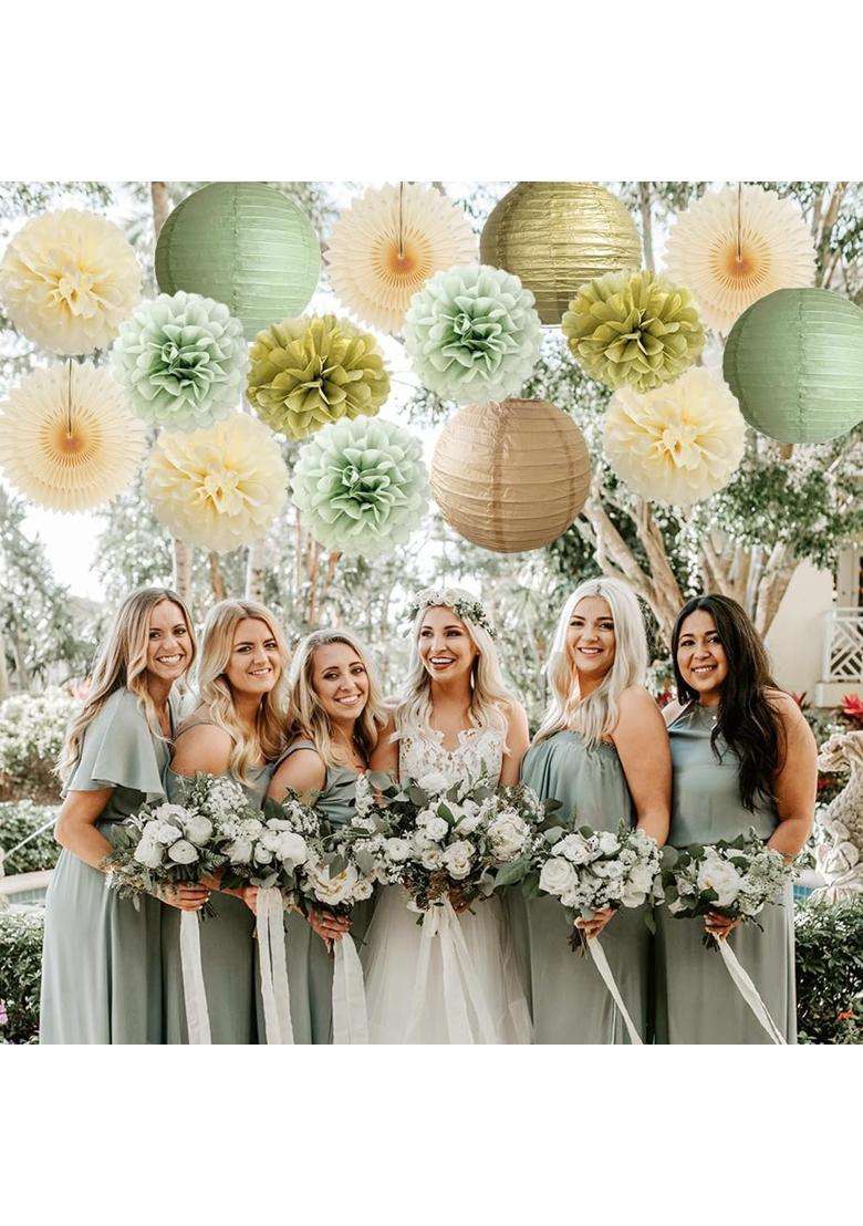 Fetetijd Sage Green Party Decorations Paper Lanterns Decorative Cream Tissue Paper Pom Poms Sage Green Gold - Indya