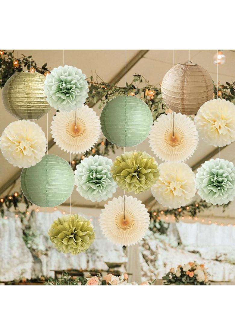 Fetetijd Sage Green Party Decorations Paper Lanterns Decorative Cream Tissue Paper Pom Poms Sage Green Gold - Indya
