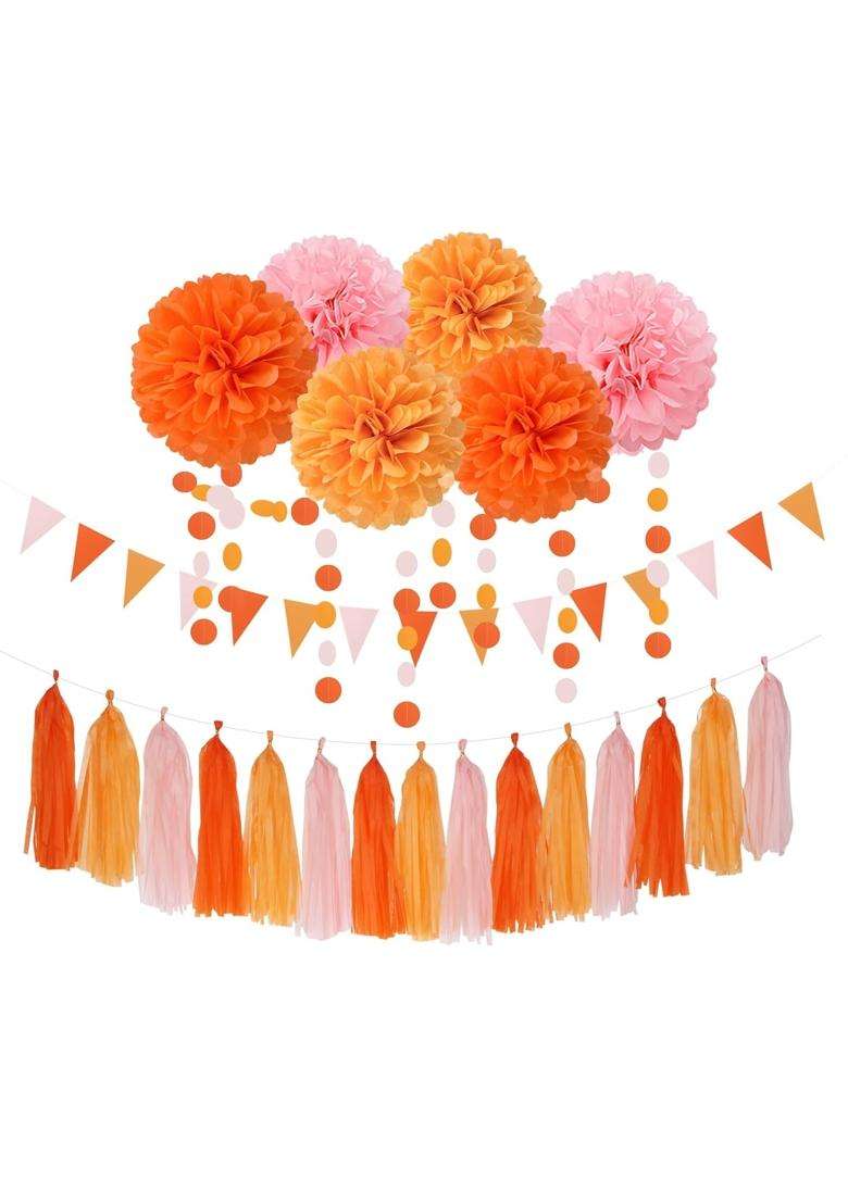 Lasting Surprise Pink Orange Groovy Party Decorations Pom Poms Streamers - Indya