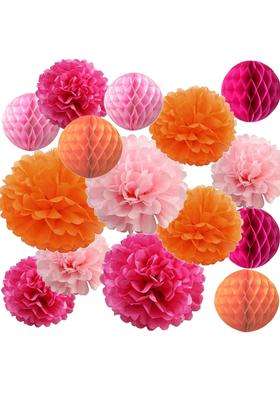 Allheartdesires 15Pcs Hot Pink Orange Party Decorations Tissue Pom Poms Honeycomb Paper Flowers for Girl