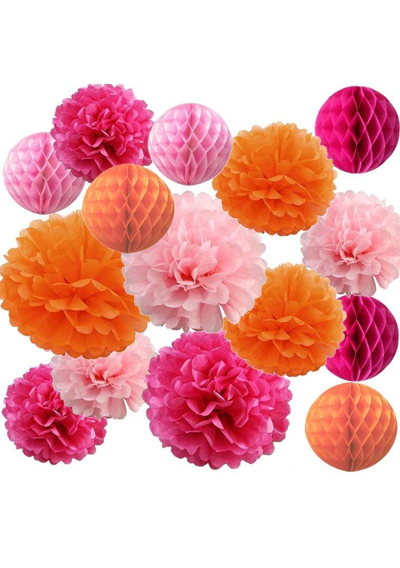 Allheartdesires 15Pcs Hot Pink Orange Party Decorations Tissue Pom Poms Honeycomb Paper Flowers for Girl - Indya