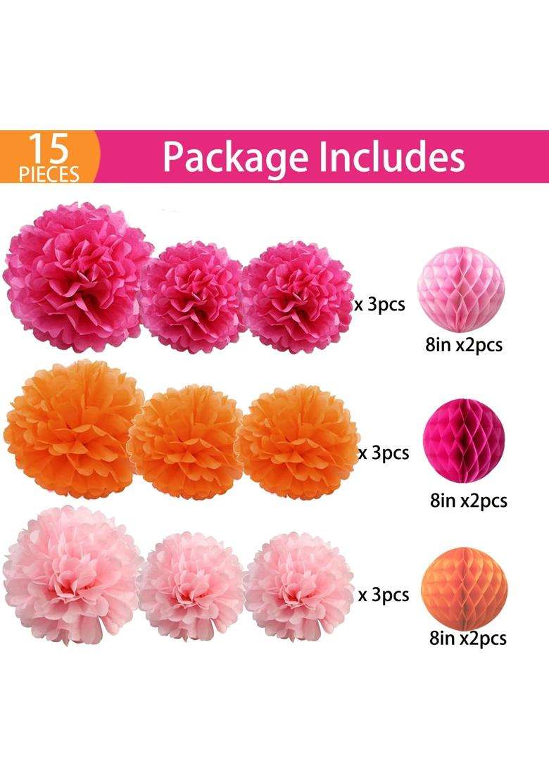 Allheartdesires 15Pcs Hot Pink Orange Party Decorations Tissue Pom Poms Honeycomb Paper Flowers for Girl - Indya
