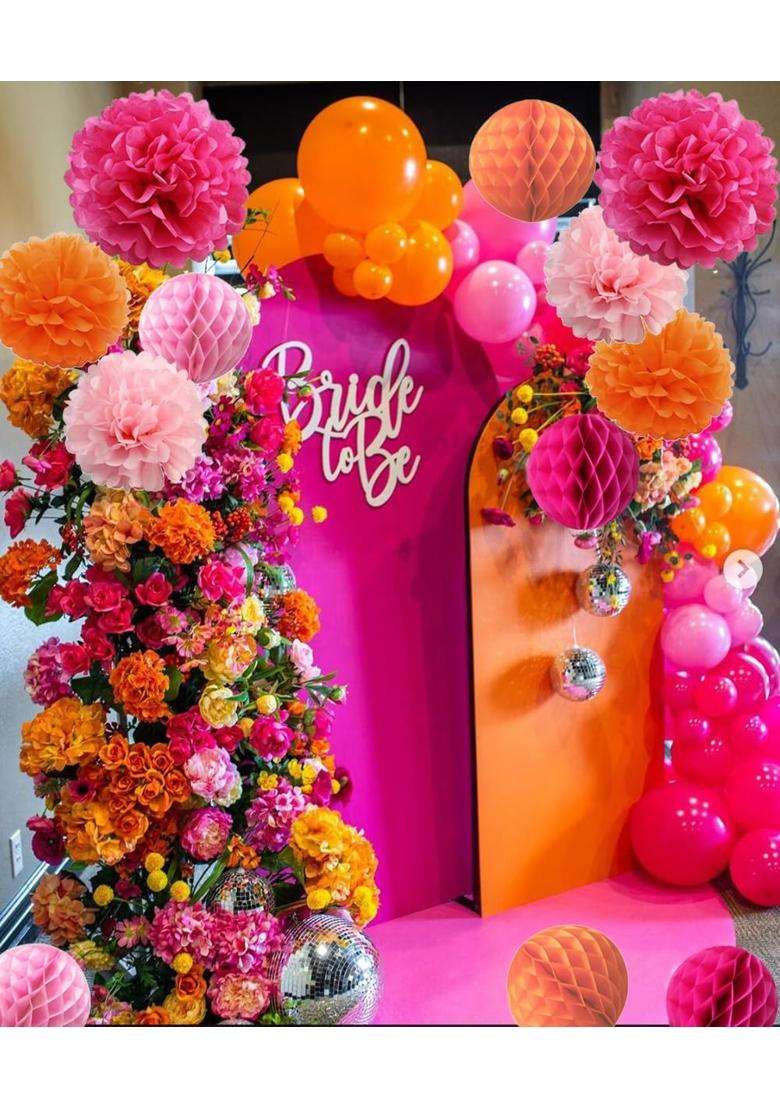 Allheartdesires 15Pcs Hot Pink Orange Party Decorations Tissue Pom Poms Honeycomb Paper Flowers for Girl - Indya