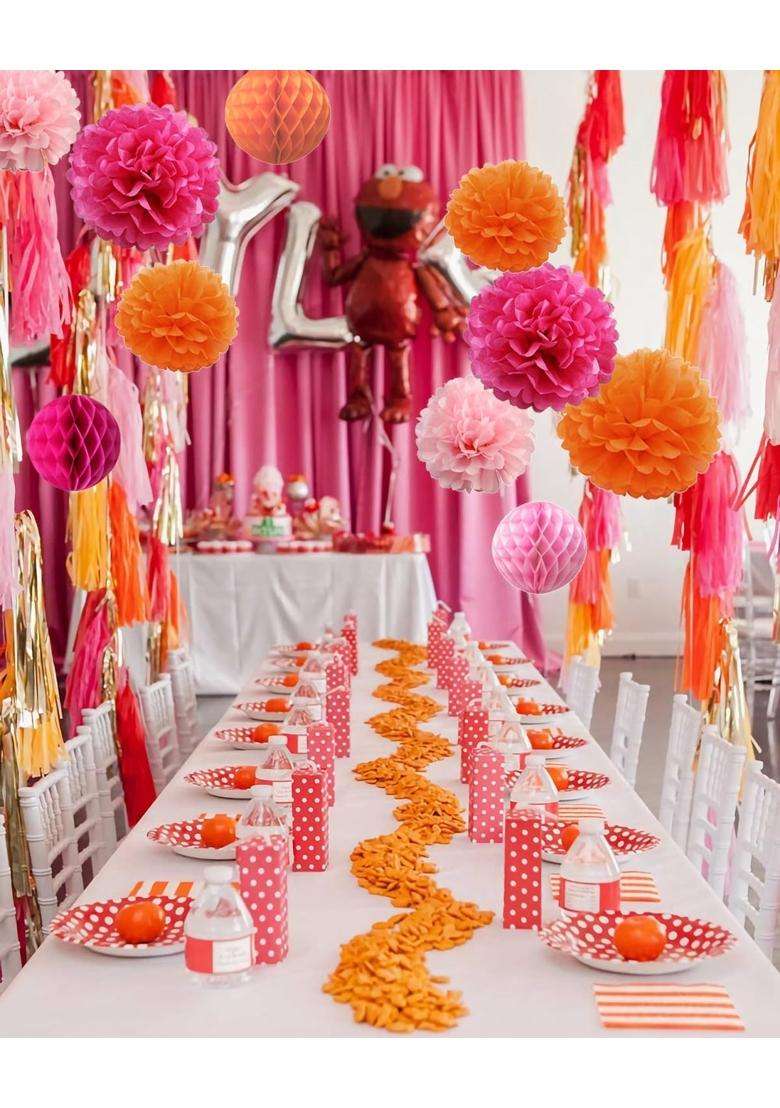 Allheartdesires 15Pcs Hot Pink Orange Party Decorations Tissue Pom Poms Honeycomb Paper Flowers for Girl - Indya