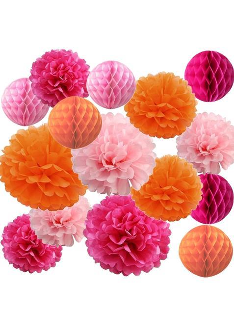 Allheartdesires 15Pcs Hot Pink Orange Party Decorations Tissue Pom Poms Honeycomb Paper Flowers for Girl