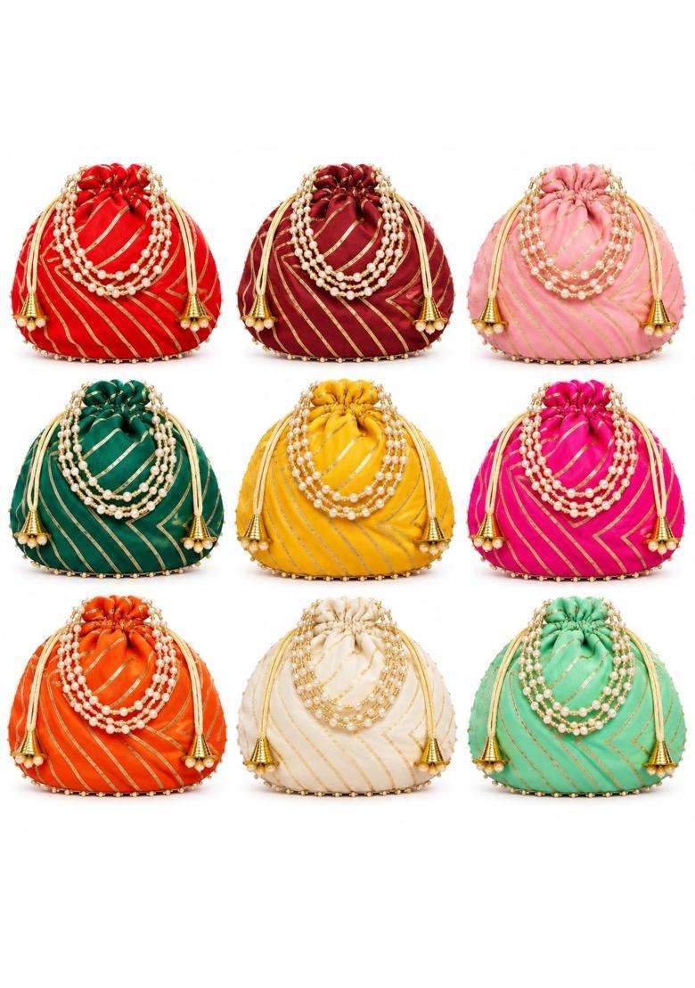 Decovora Silk Leheriya Potli Bag with Gold Zari Stripes and Pearl Tassels - Indya