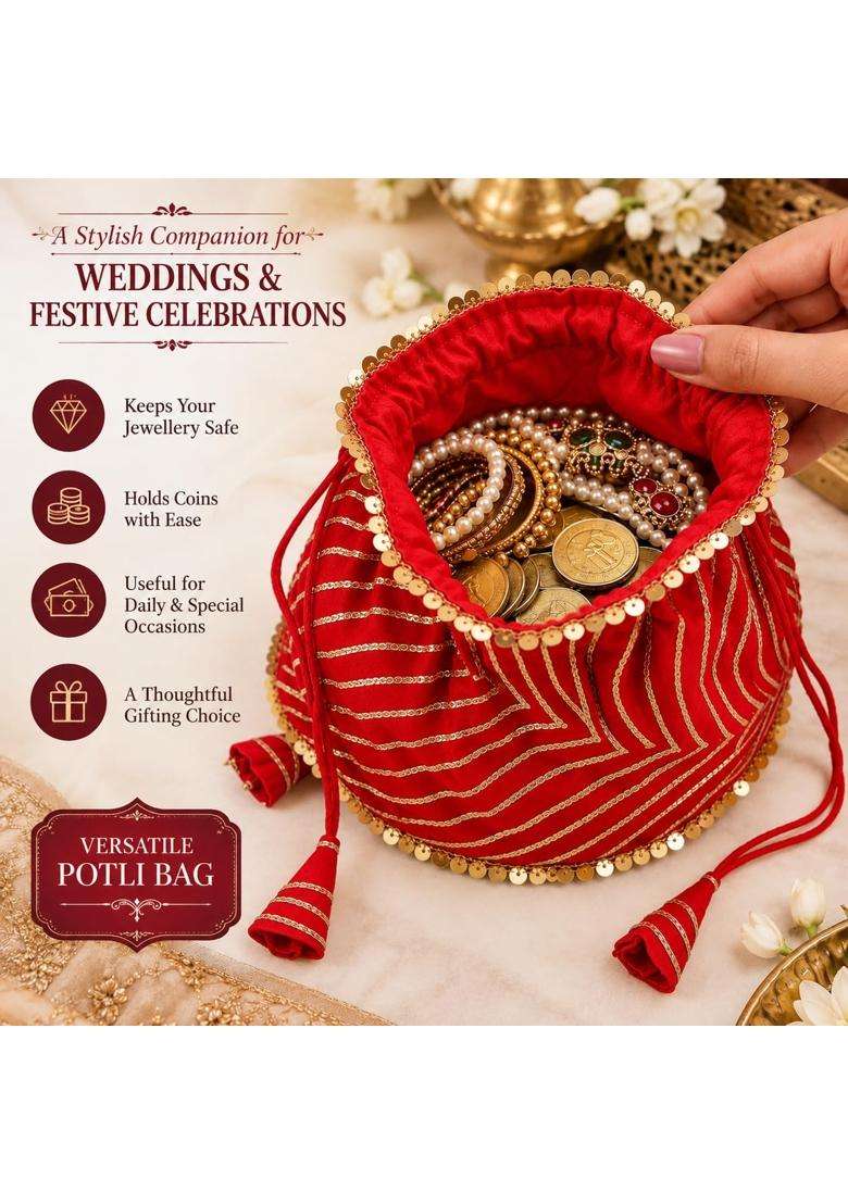 Decovora Silk Leheriya Potli Bag with Gold Zari Stripes and Pearl Tassels - Indya