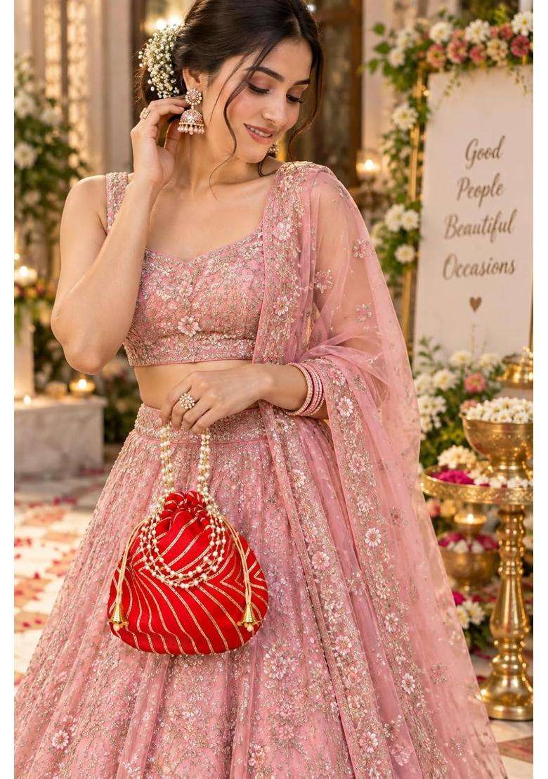 Decovora Silk Leheriya Potli Bag with Gold Zari Stripes and Pearl Tassels - Indya