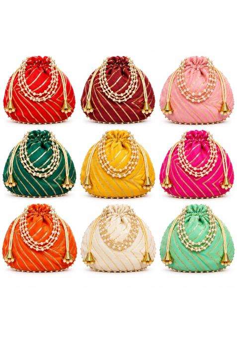 Decovora Silk Leheriya Potli Bag with Gold Zari Stripes and Pearl Tassels