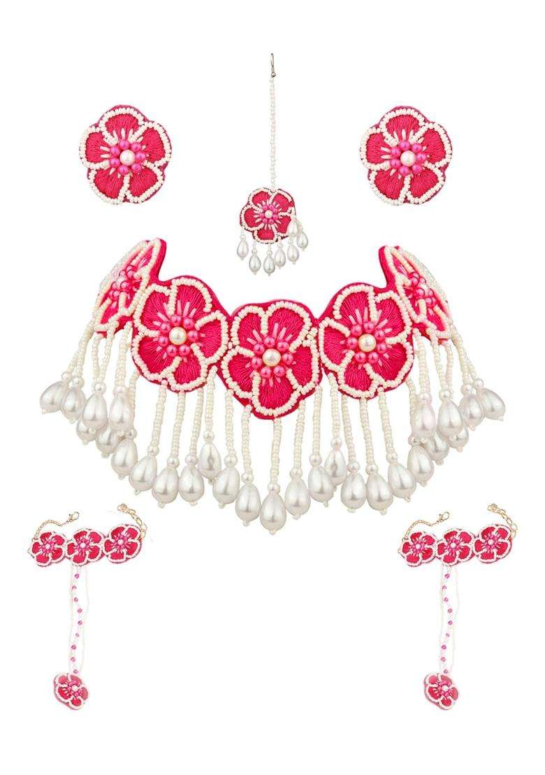 VENI Pink Handmade Beads Jewellery Set for Haldi Mehndi of Bride for Wedding - Indya