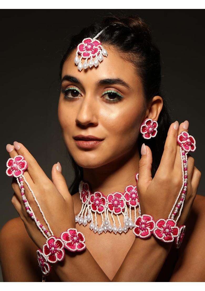 VENI Pink Handmade Beads Jewellery Set for Haldi Mehndi of Bride for Wedding - Indya