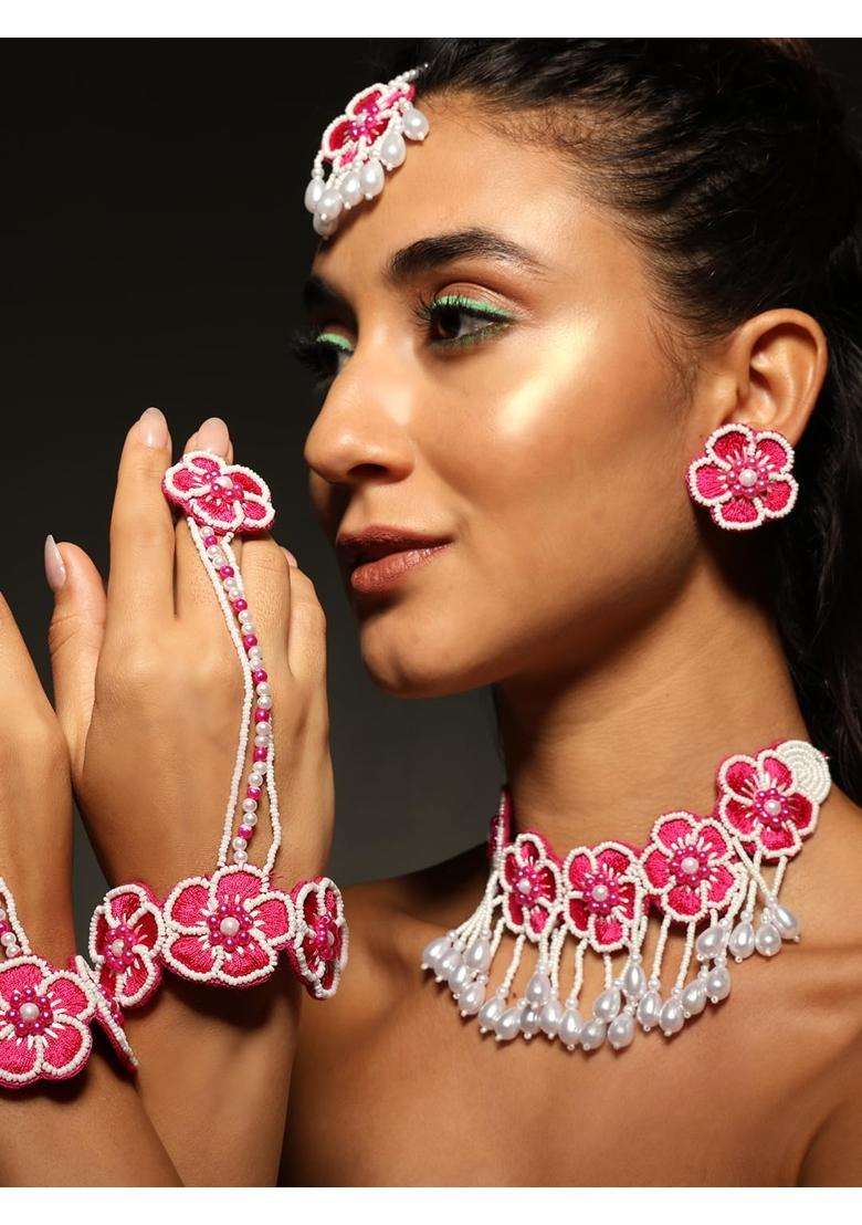 VENI Pink Handmade Beads Jewellery Set for Haldi Mehndi of Bride for Wedding - Indya