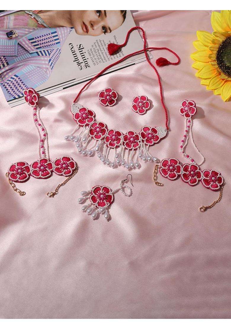 VENI Pink Handmade Beads Jewellery Set for Haldi Mehndi of Bride for Wedding - Indya