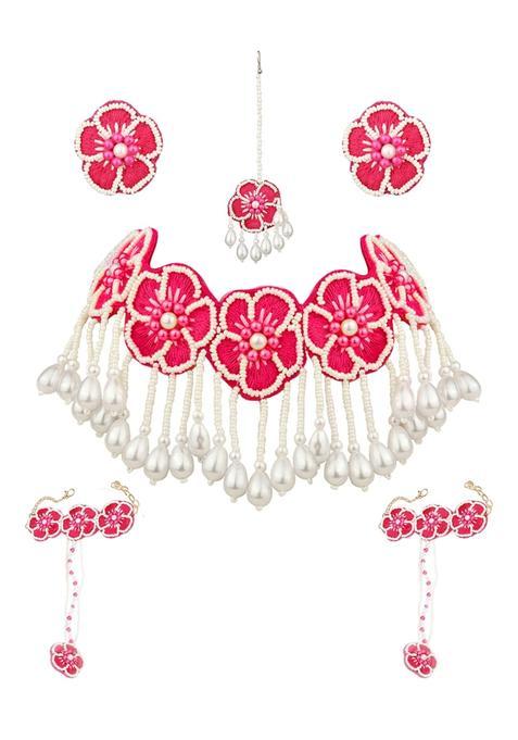 VENI Pink Handmade Beads Jewellery Set for Haldi Mehndi of Bride for Wedding