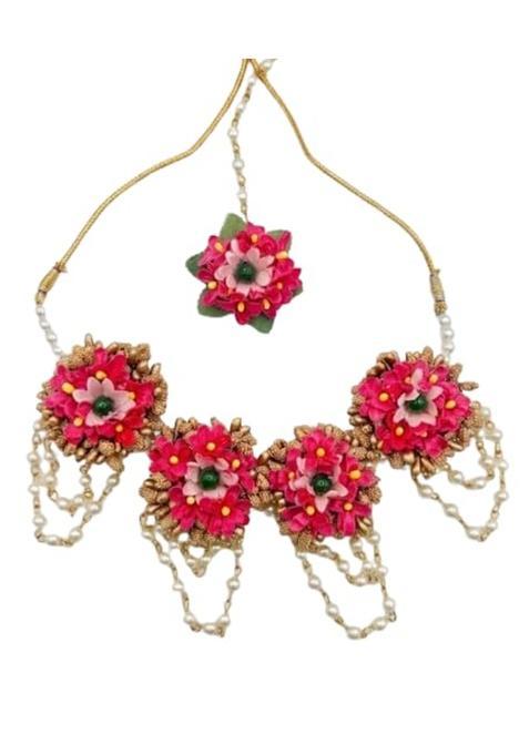 Mehrang Floral Jewellery Set for Women Handmade Flower Necklace with Maang Tikka