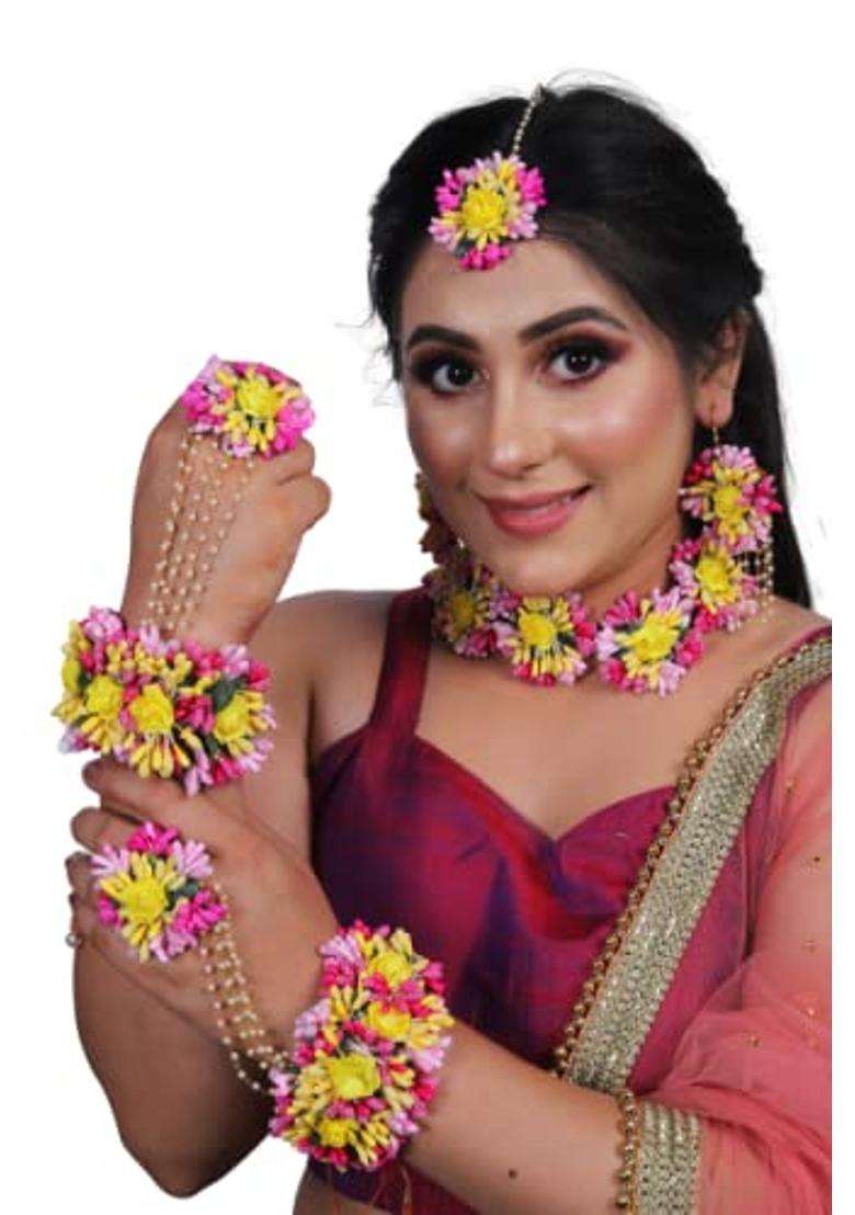 Saumakshi Designs Beautiful Flower Jewellery Set for Women Pink Plus Yellow - Indya