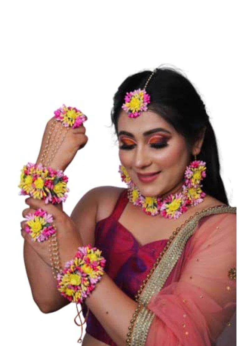 Saumakshi Designs Beautiful Flower Jewellery Set for Women Pink Plus Yellow - Indya