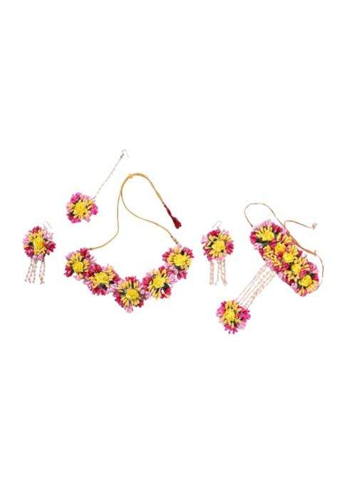Saumakshi Designs Beautiful Flower Jewellery Set for Women Pink Plus Yellow