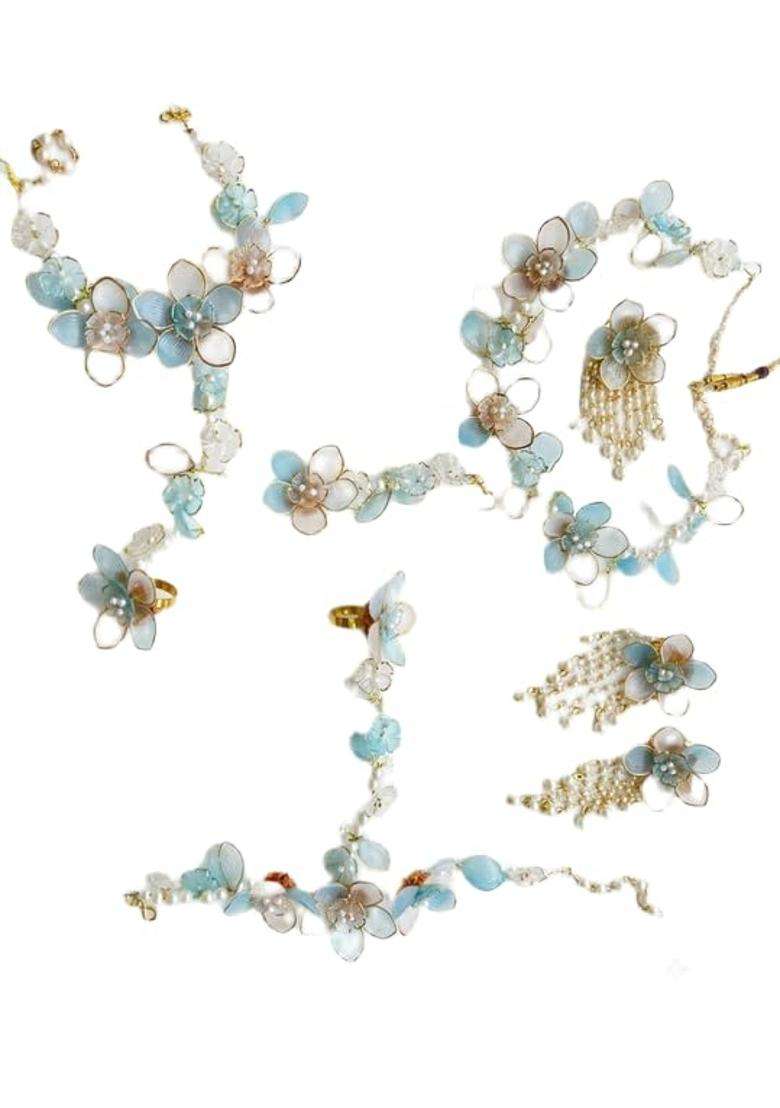 Resin Floral Jewellery Set with Pearl Accents Blue and Gold - Indya