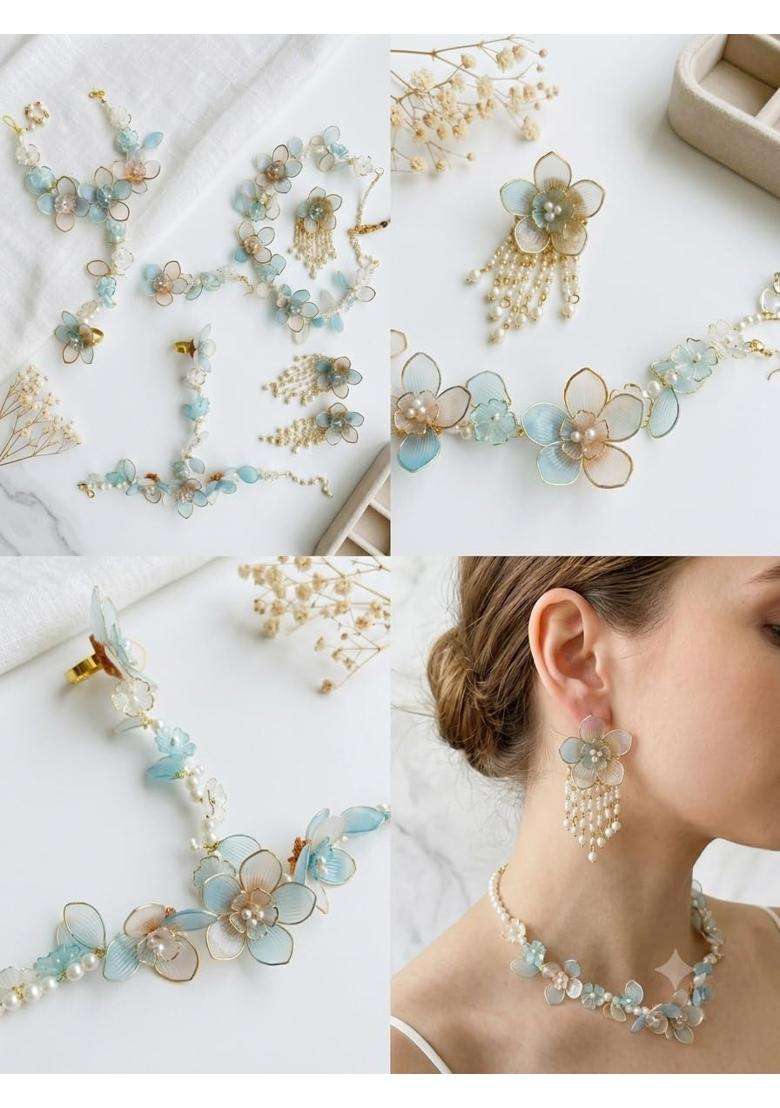 Resin Floral Jewellery Set with Pearl Accents Blue and Gold - Indya