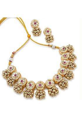 Sanjog Gold Toned Brass Plated Kundan Studded and Pearls Beaded Floral Jewellery Set for Women