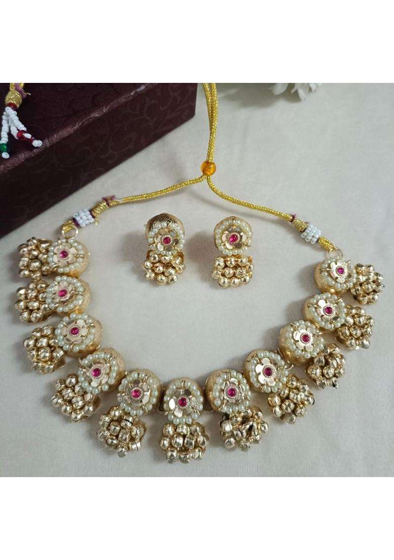 Sanjog Gold Toned Brass Plated Kundan Studded and Pearls Beaded Floral Jewellery Set for Women - Indya