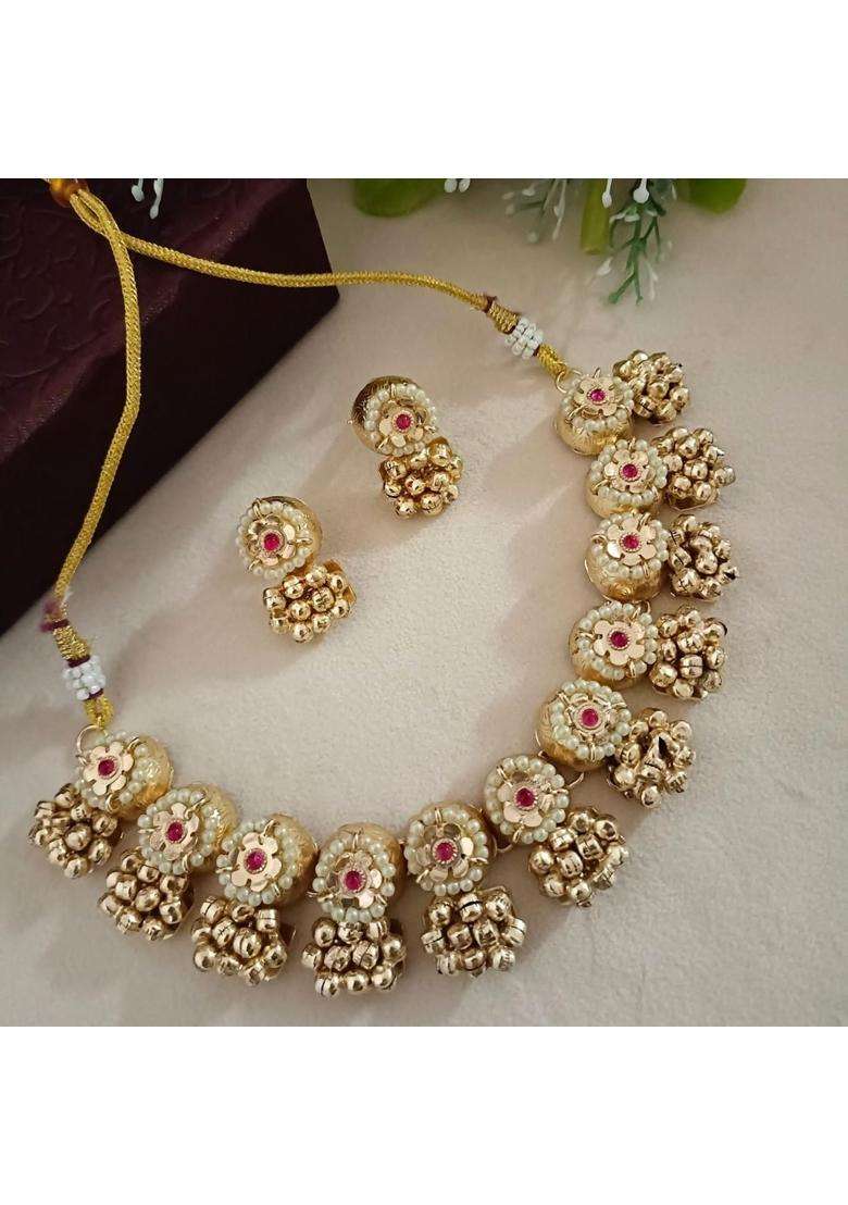 Sanjog Gold Toned Brass Plated Kundan Studded and Pearls Beaded Floral Jewellery Set for Women - Indya