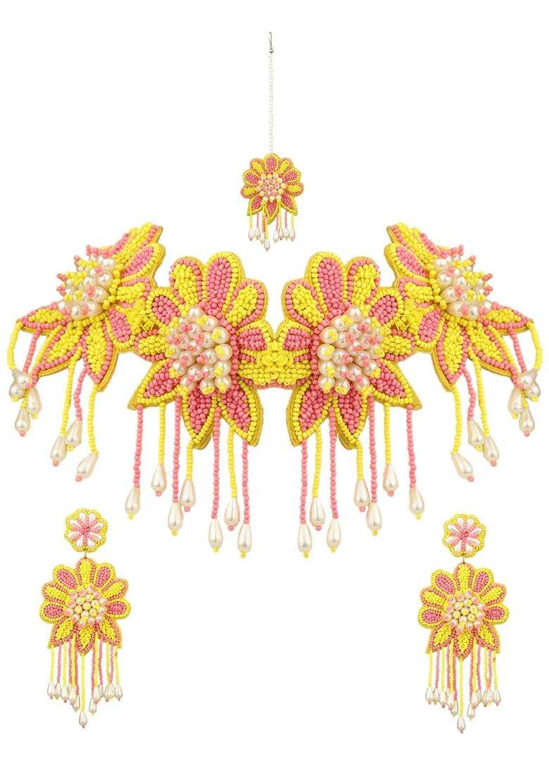 VENI Yellow Handmade Beads Jewellery Set for Haldi Mehndi of Bride for Wedding - Indya