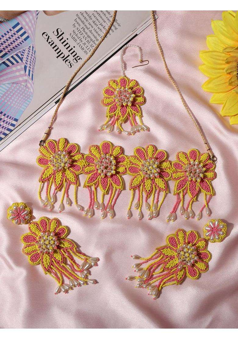 VENI Yellow Handmade Beads Jewellery Set for Haldi Mehndi of Bride for Wedding - Indya