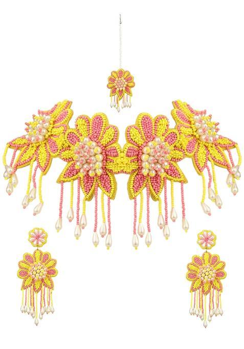 VENI Yellow Handmade Beads Jewellery Set for Haldi Mehndi of Bride for Wedding