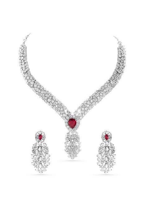 Rubans Ruby Red White Zirconia Floral Jewellery Set with Earrings for Women