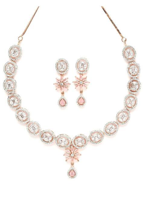 Karatcart Rose Gold Plated Pink American Diamond Studded Floral Jewellery Set for Women