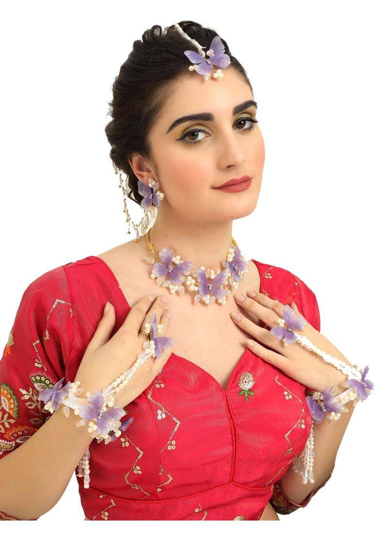 Zulka Lavender Stylish Floral Butterfly Jewellery Set for Bridal Women and Girls with Moti and Diamonds - Indya