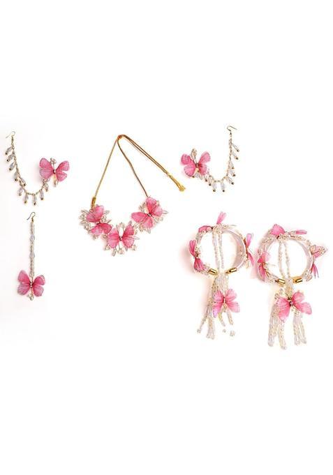 Zulka Pink Stylish Floral Butterfly Jewellery Set for Bridal Women and Girls with Moti and Diamonds