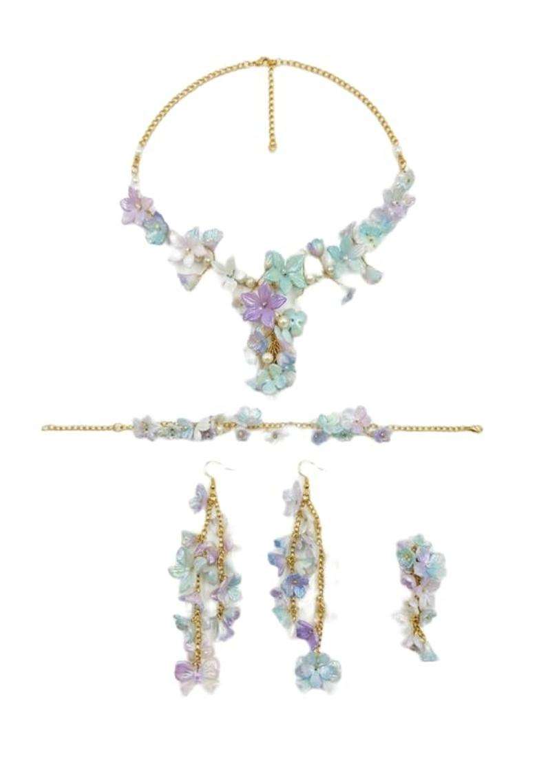 Multicolour Pastel Floral Jewellery Set with Necklace Bracelet and Earrings - Indya