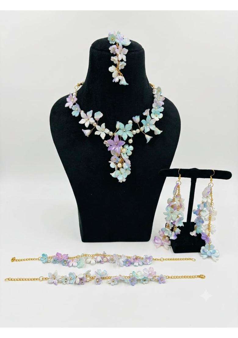 Multicolour Pastel Floral Jewellery Set with Necklace Bracelet and Earrings - Indya