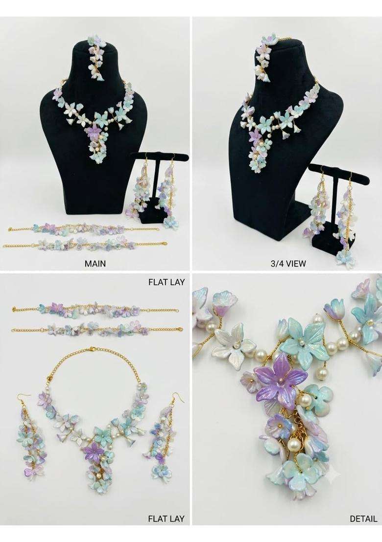 Multicolour Pastel Floral Jewellery Set with Necklace Bracelet and Earrings - Indya