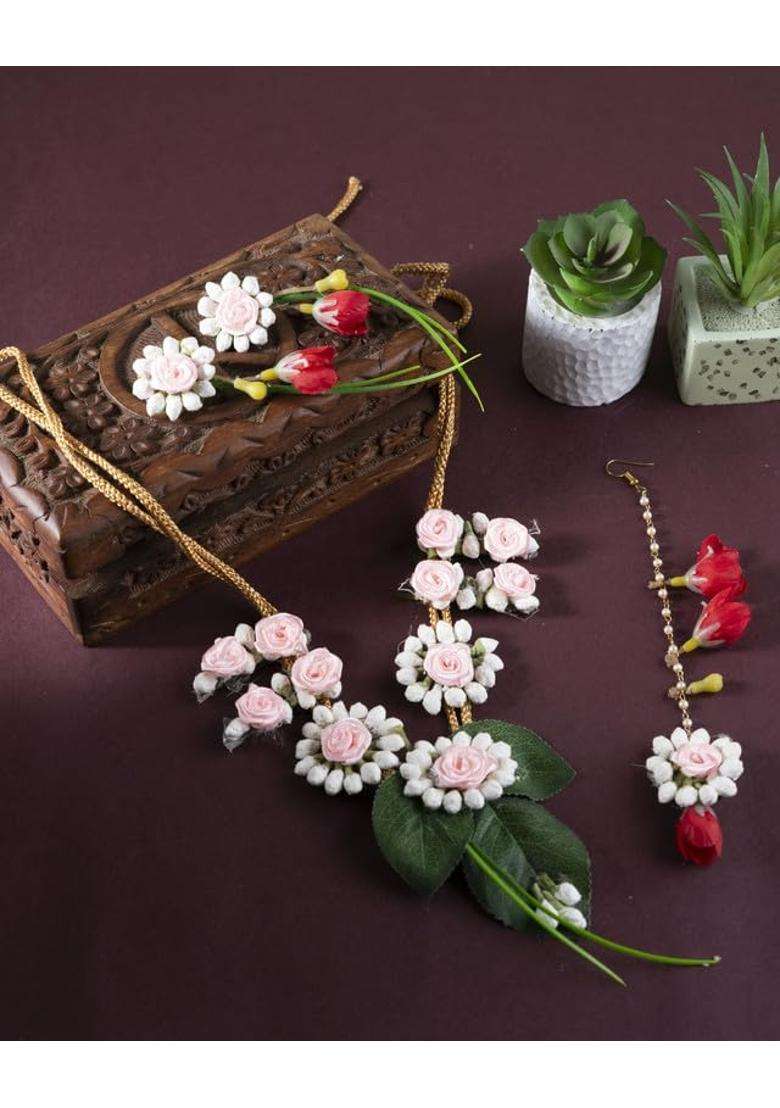 Prafullit Floral Bridal Jewelry Set for Women and Girls Artificial Flower Haar Maang Tikka Earrings Bangles - Indya