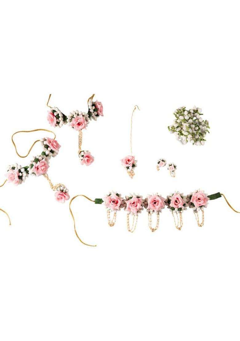 Floral Bridal Jewellery Set for Women and Girls Artificial Flower Haar Maang Tikka Earrings Bangles Kamarbandh - Indya